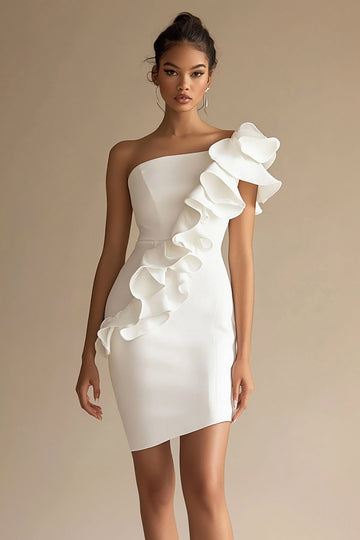 Robe moulante moulante à volants blancs à une épaule